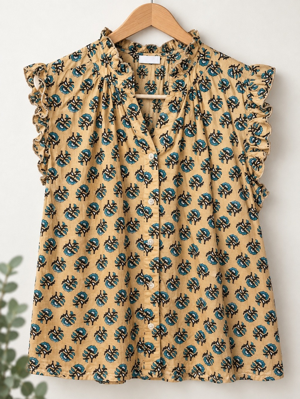 THML Tan Floral Button-Front Blouse with Teal Print